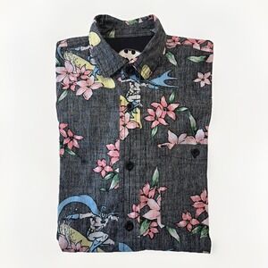 Batman DC Comics Hawaiian Surf Reverse Print Button Shirt Black Floral‎ Sz Small